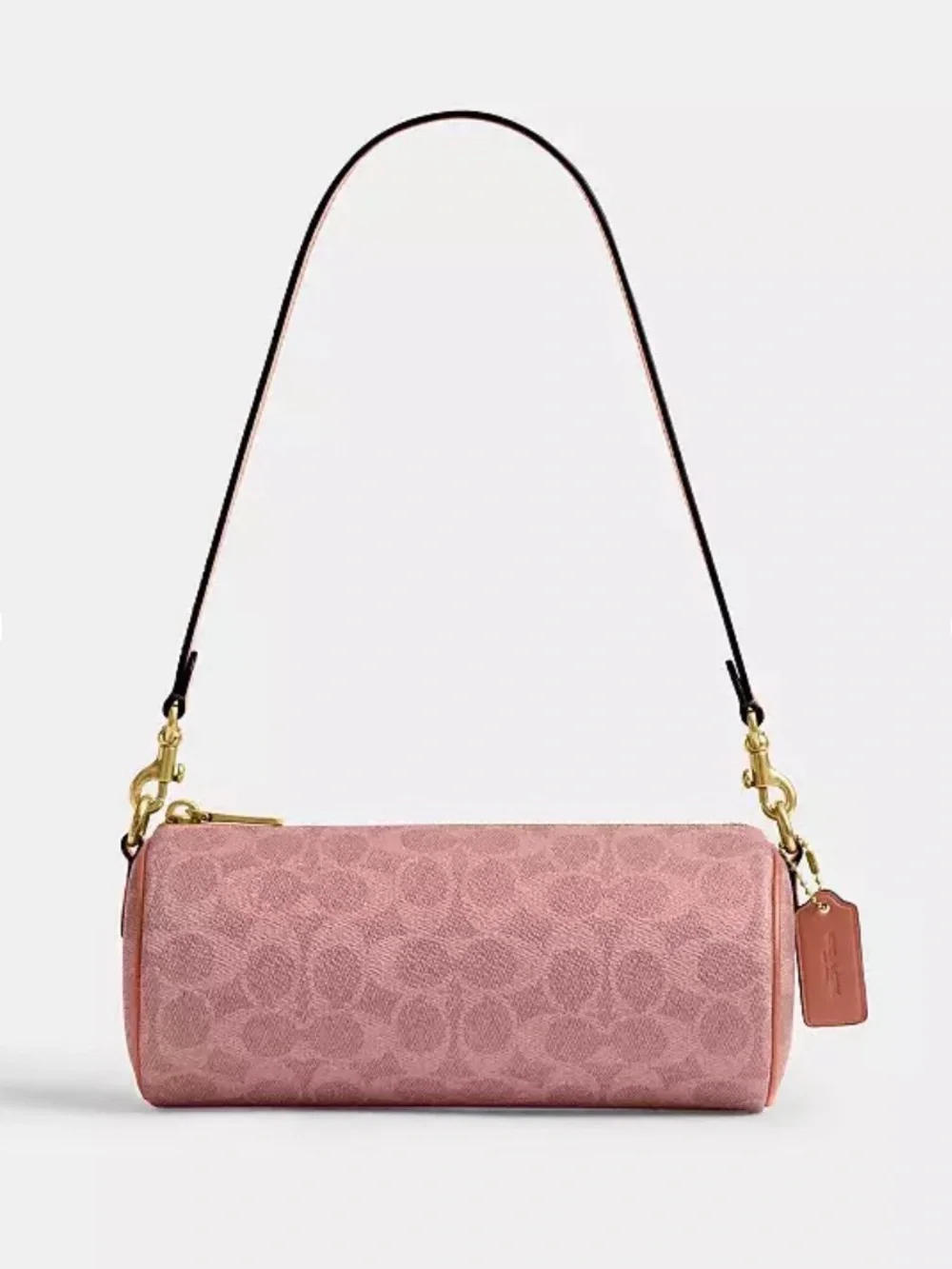 New Coach cylinder barrel bag in melon pink/ brass with signature canvas
